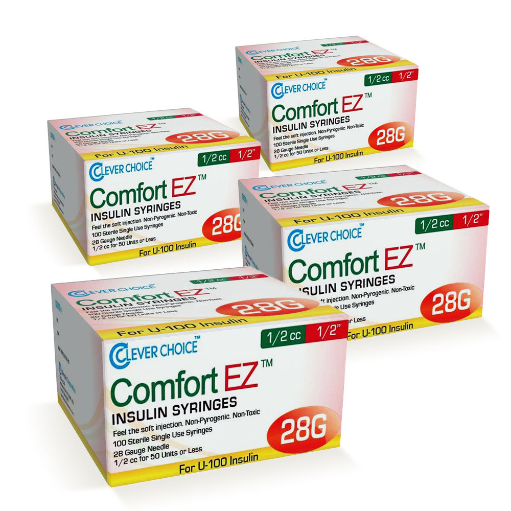 Clever Choice Comfort EZ Insulin Syringes - 28G 1 cc 1/2" 100/bx - Pack of 4