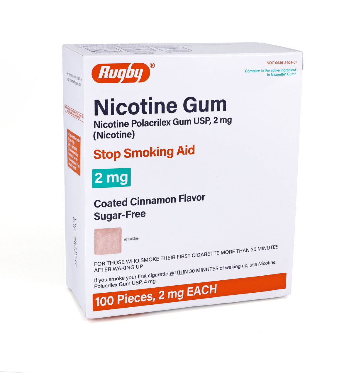 Rugby Sugar Free Nicotine Polacrilex Gum - 2mg - Coated Cinnamon Flavor - 100 Pieces, 2 mg EACH