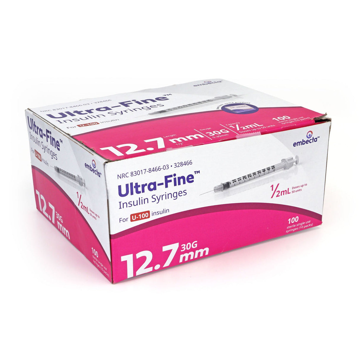 Embecta Ultra-Fine Insulin Syringes - 30G 1/2cc 12.7mm (1/2") 100/BX