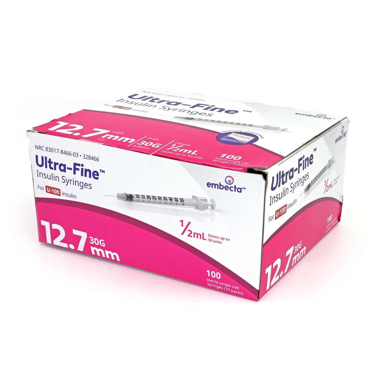 Embecta Ultra-Fine Insulin Syringes - 30G 1/2cc 12.7mm (1/2") 100/BX