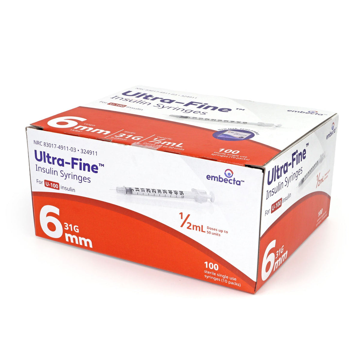 Embecta Ultra-Fine Insulin Syringes - 31G 1/2mL 6mm (15/64") 100/BX