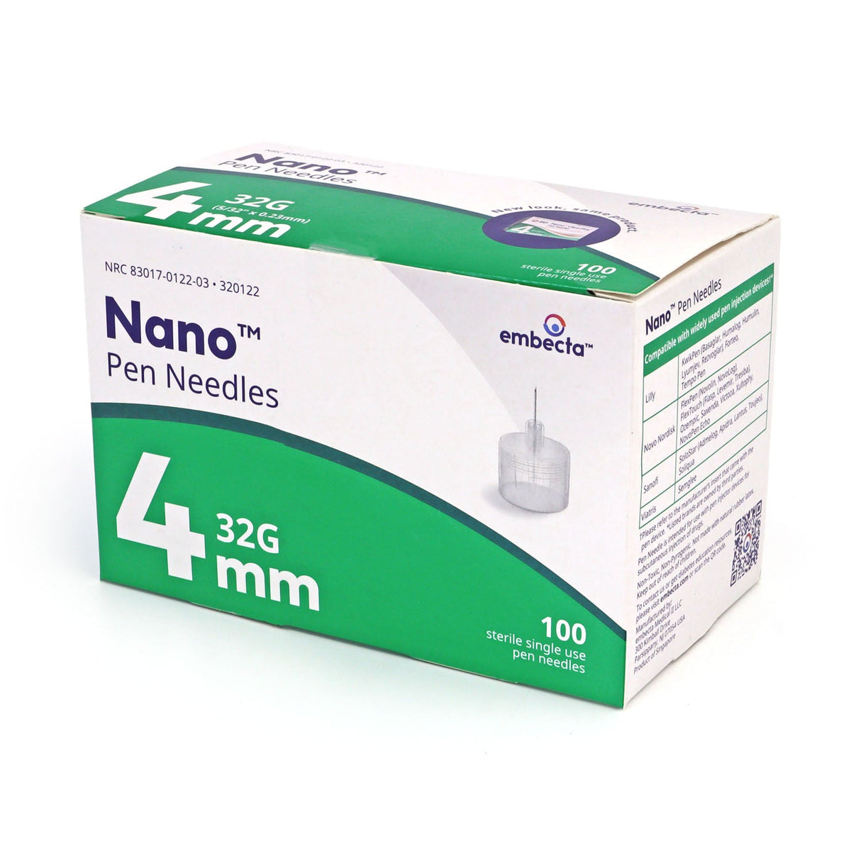 Embecta Nano Ultra-Fine Pen Needles - 32G 4mm (5/32" x 0.23mm) 100/BX