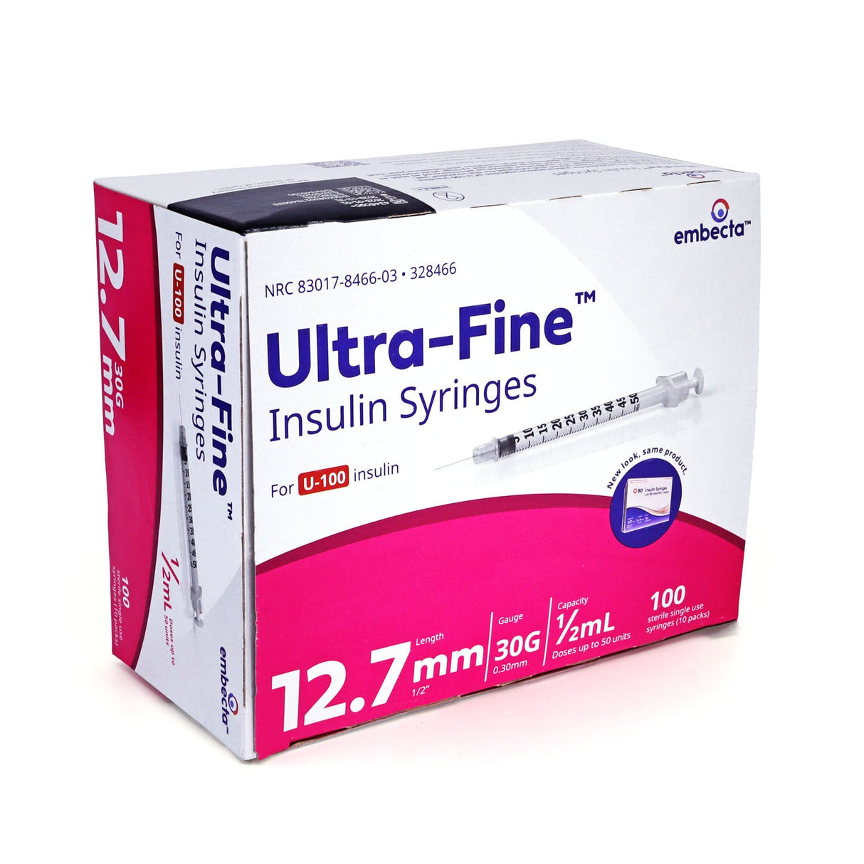 Embecta Ultra-Fine Insulin Syringes - 30G 1/2cc 12.7mm (1/2") 100/BX