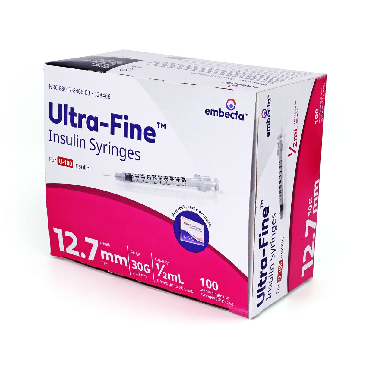 Embecta Ultra-Fine Insulin Syringes - 30G 1/2cc 12.7mm (1/2") 100/BX