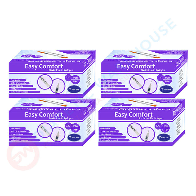 Easy Comfort Insulin Syringes - 32G 1/2 cc 5/16" 100/bx - Pack of 4