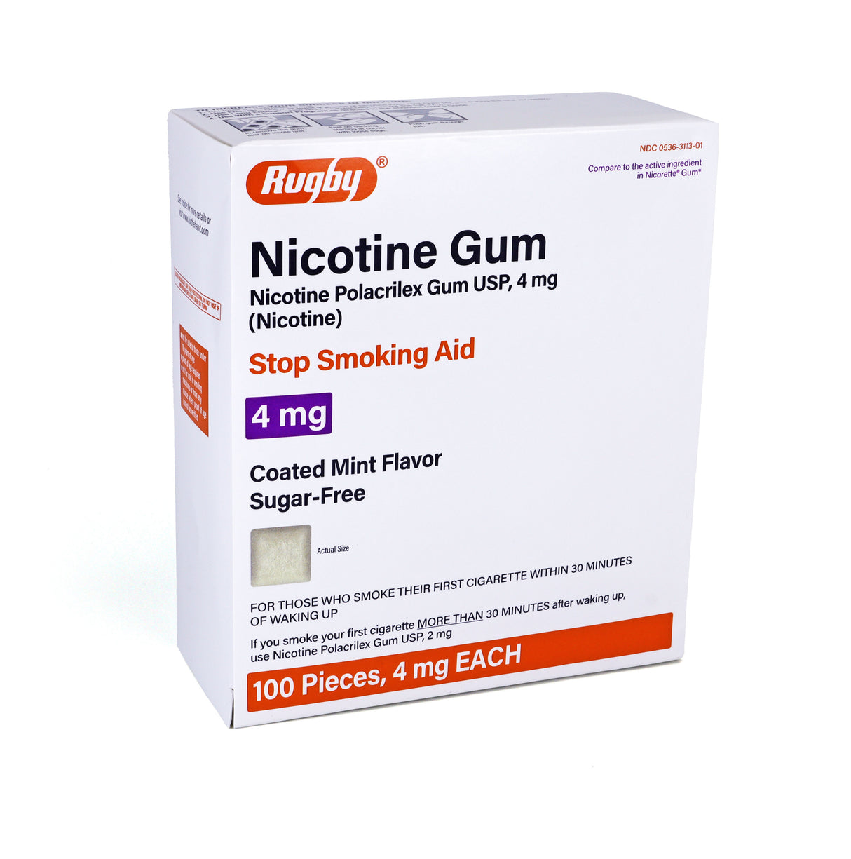 Rugby Sugar Free Nicotine Polacrilex Gum USP - 4mg - Coated Mint Flavor - 100 Pieces, 4 mg EACH