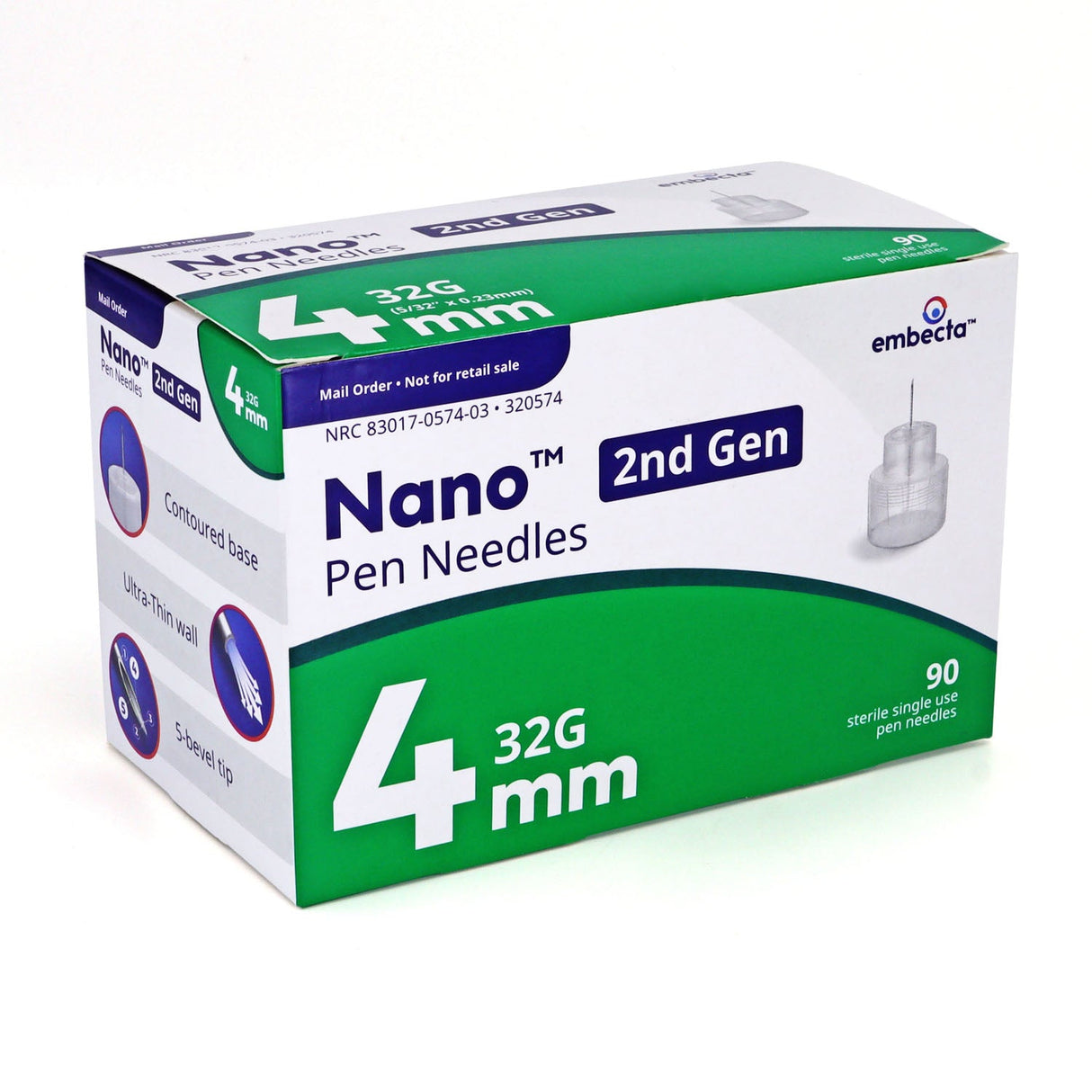 Embecta Nano Ultra-Fine Pen Needles - 32G 4mm  (5/32" x 0.23mm)  100/BX