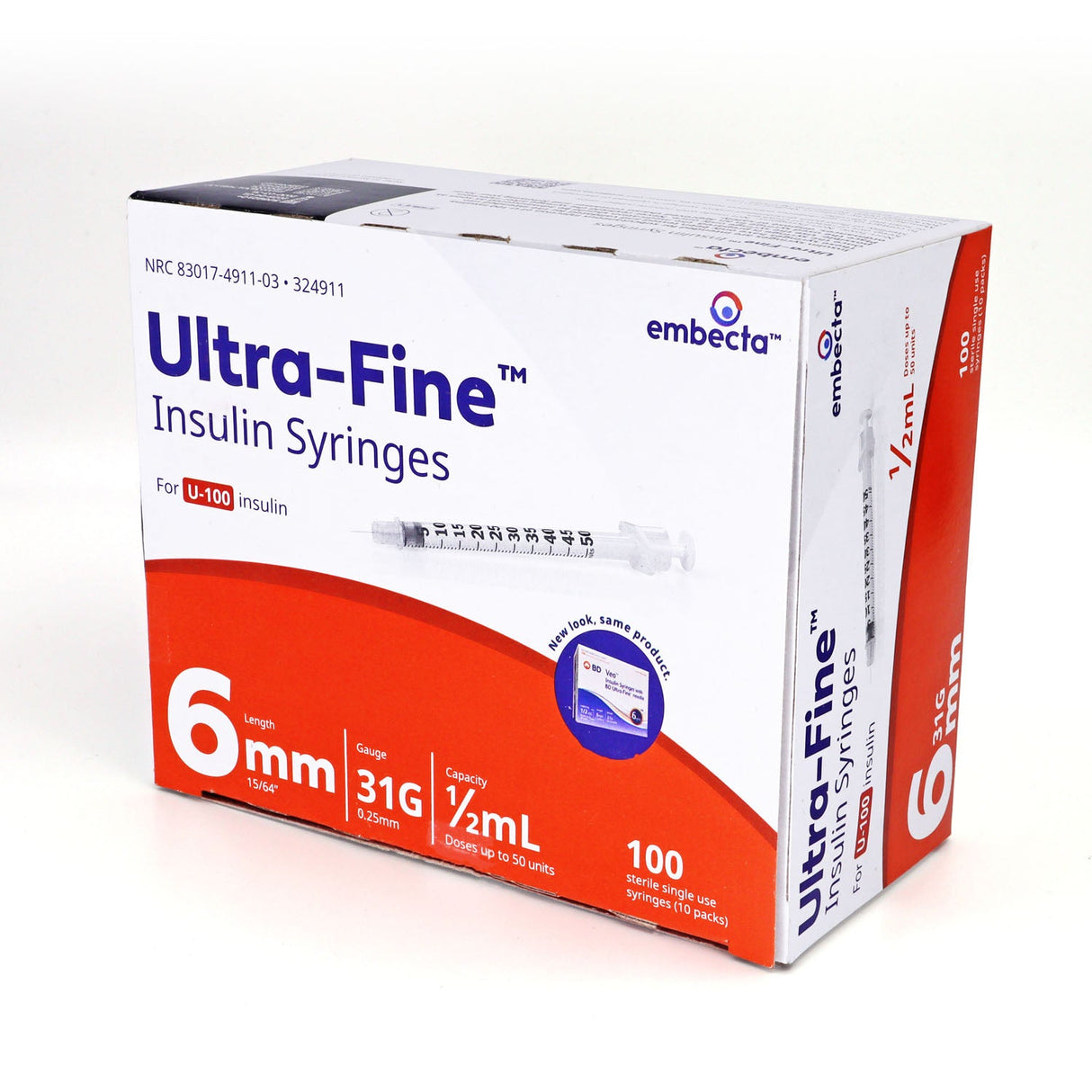 Embecta Ultra-Fine Insulin Syringes - 31G 1/2mL 6mm (15/64") 100/BX
