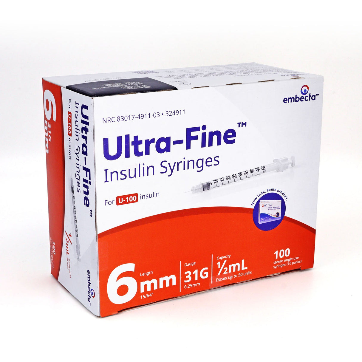 Embecta Ultra-Fine Insulin Syringes - 31G 1/2mL 6mm (15/64") 100/BX