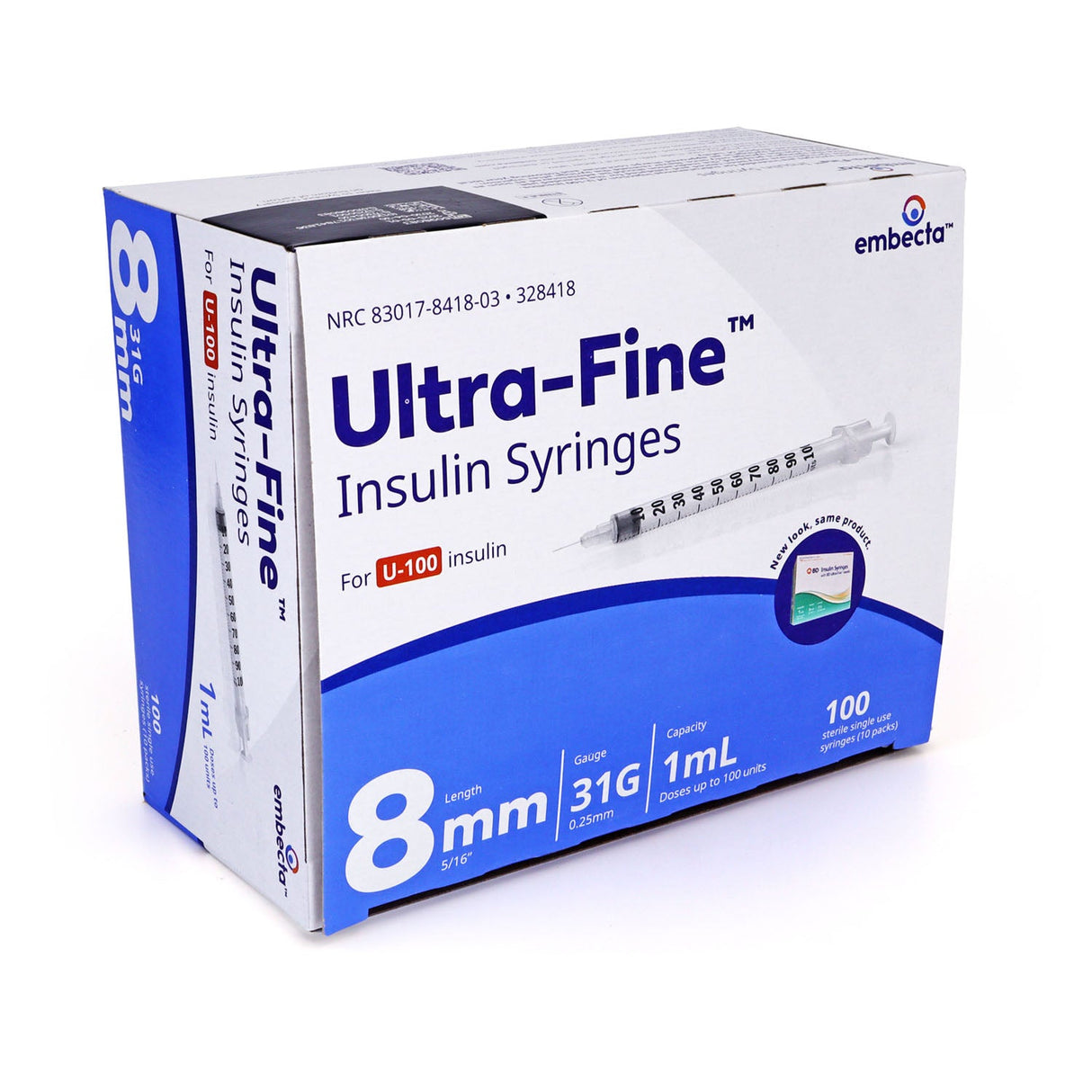 Embecta Ultra-Fine Needle Insulin Syringes - 31G 1cc 8mm (5/16") 100/BX