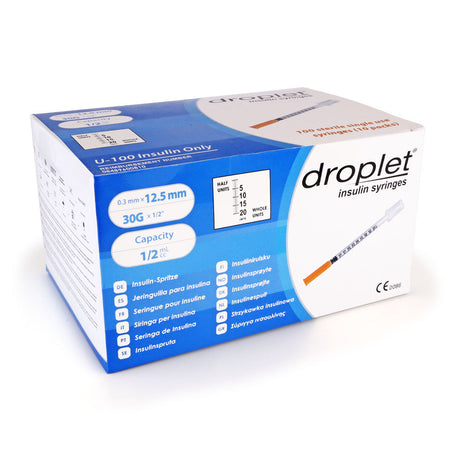 Droplet Insulin Syringes - 30G 1/2cc 1/2" (12.5mm) 100/bx