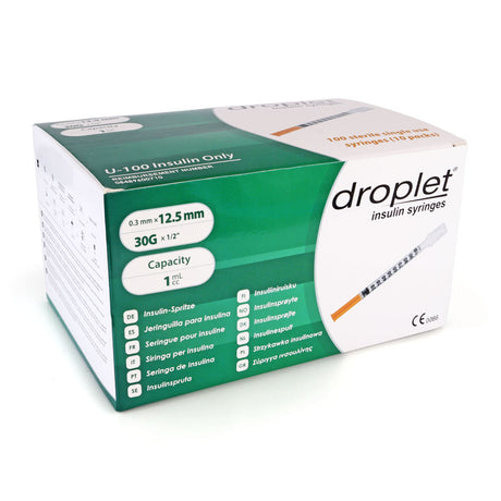 Droplet Insulin Syringes - 30G 1cc 1/2" (12.5mm) 100/bx