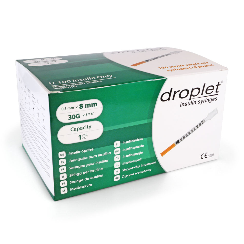 Droplet Insulin Syringes - 30G 1cc 5/16" (8mm) 100/bx