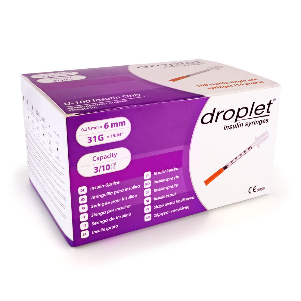 Droplet Insulin Syringes - 31G 3/10cc 15/64" (6mm) 100/bx