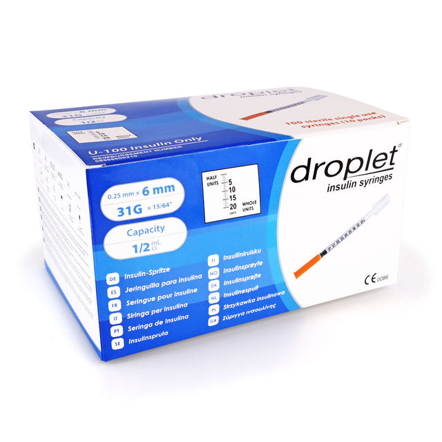 Droplet Insulin Syringes - 31G 1/2cc 15/64" (6mm) 100/bx