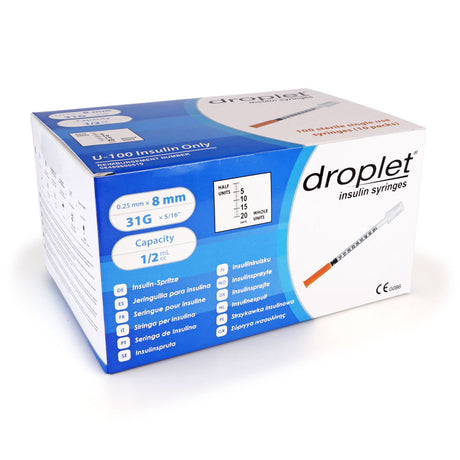 Droplet Insulin Syringes - 31G 1/2cc 5/16" (8mm) 100/bx