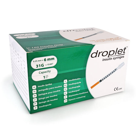 Droplet Insulin Syringes - 31G 1cc 15/64" (6mm) 100/bx