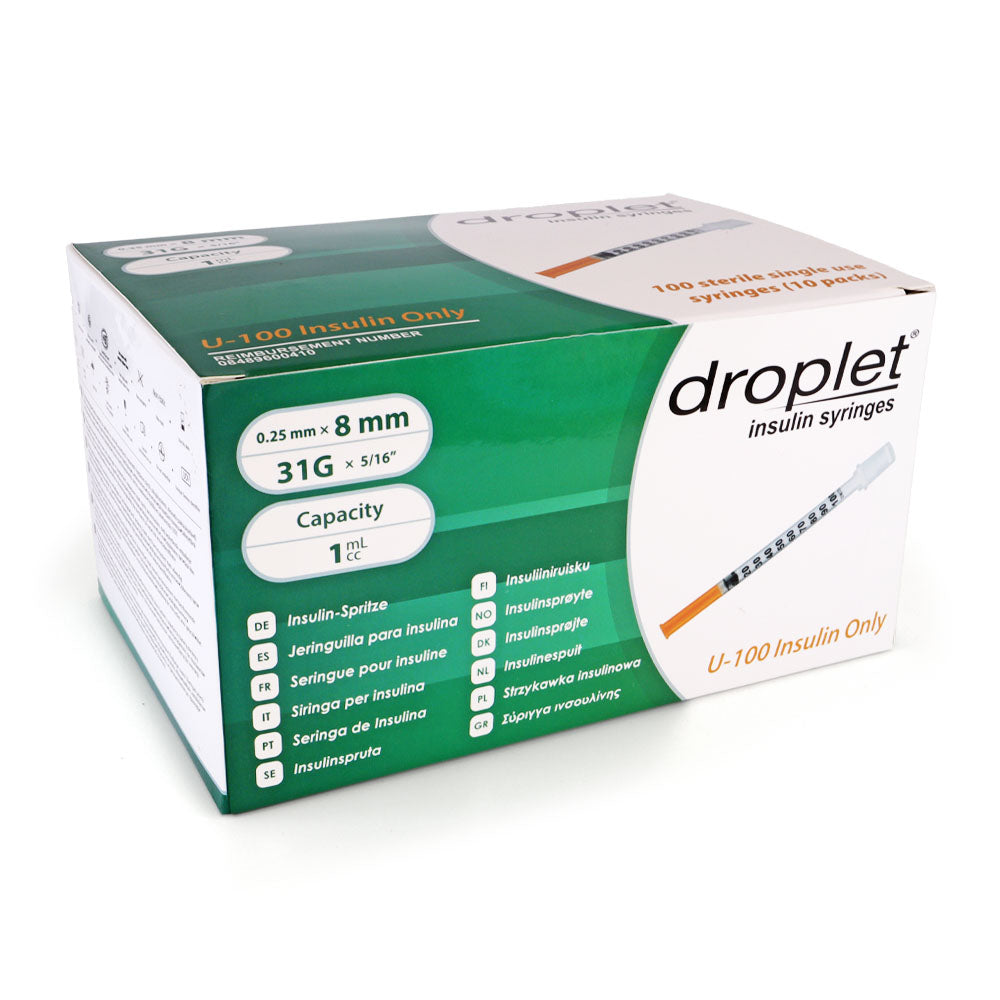 Droplet Insulin Syringes - 31G 1cc 5/16" (8mm) 100/bx